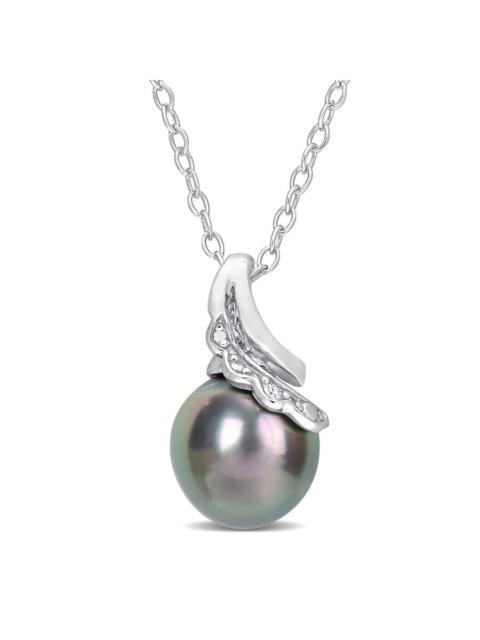 Other Designers AMOUR 8-9mm Black Tahitian Cultured Pearl and Diamond Accent Twisted Pendant with Chain In Sterling 