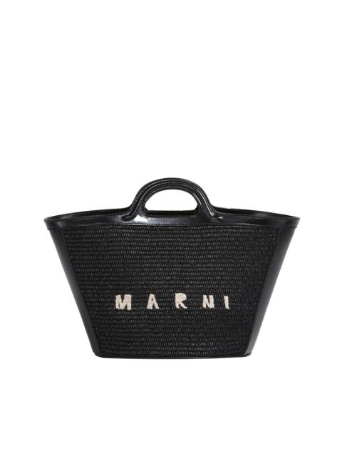 Marni TROPICALIA SMALL BAG IN BLACK LEATHER AND RAFFIA-EFFECT FABRIC