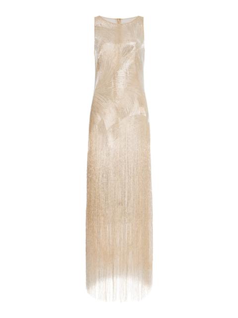 Oscar de la Renta Embroidered Fringed Gown silver