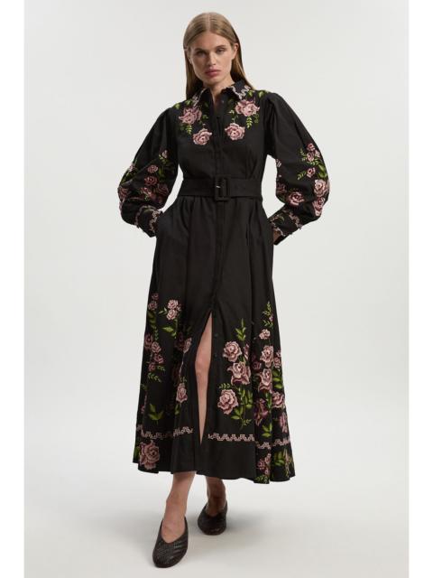 KAREN MILLEN Rose Embroidered Cotton Twill Woven Shirt Dress With Eyelets
