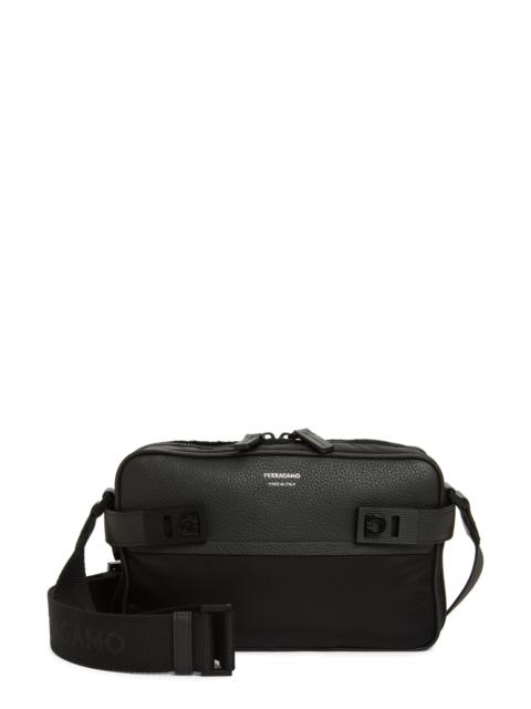 FERRAGAMO FERRAGAMO Twins Mixed Media Leather & Nylon Shoulder Bag in Nero at Nordstrom