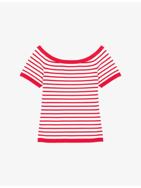 maje Striped Boat-Neck Cotton-Blend Top