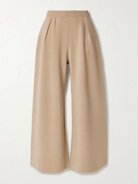 Embroidered pleated wool wide-leg pants Beige