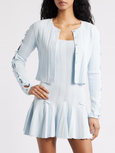 LoveShackFancy LoveShackFancy Zoriah Pointelle Tie Sleeve Cardigan in Icicle Blue at Nordstrom