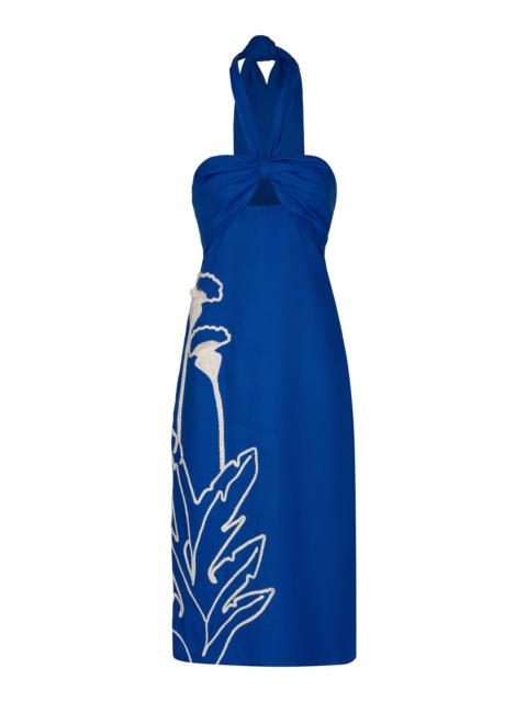 ANDRES OTALORA Inoportuna Embroidered Linen Midi Dress blue