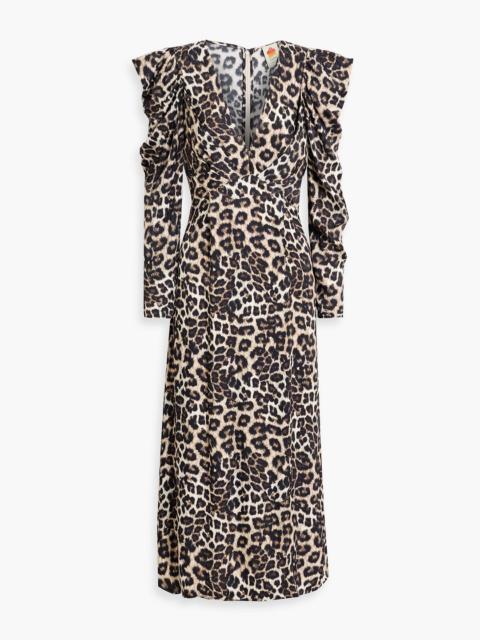 FARM RIO Ruched leopard-print satin midi dress
