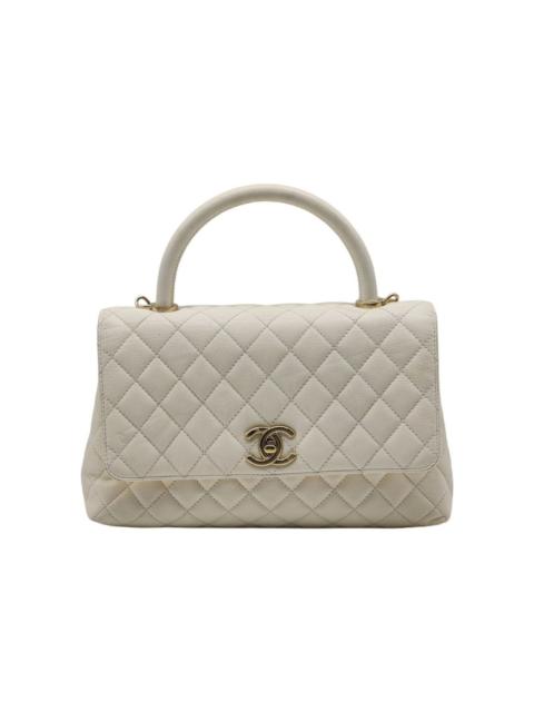 CHANEL Coco Top Handle Leather Flap Shoulder Bag White - Preowned