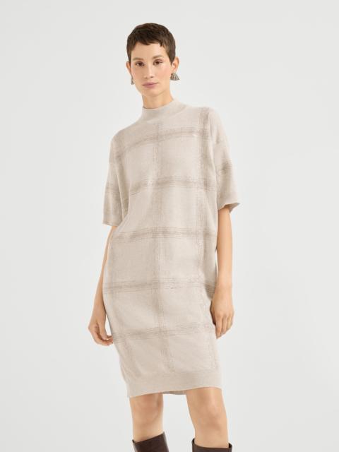 Brunello Cucinelli Virgin wool, cashmere and silk knit dress with dazzling macro Prince of Wales embroidery