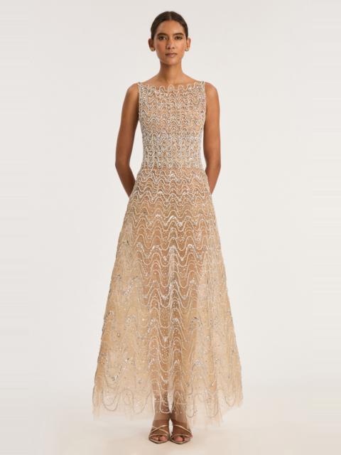 Oscar de la Renta Sleeveless Crystal Wave Embroidered Cocktail Dress silver