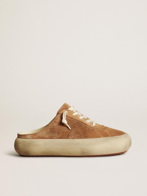 Golden Goose Women's Space-Star Sabots in tobacco-colored suede with perforated star