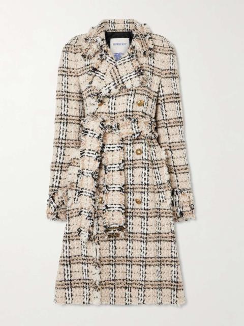 Double-breasted belted frayed metallic tweed coat Cream