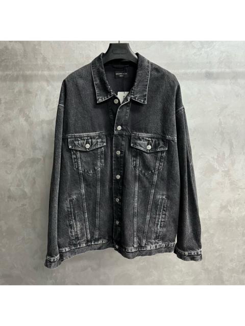BALENCIAGA Balenciaga Black-Grey Denim Jacket with All-Over Crystal-Embellished Logo Pattern and Single-Breaste