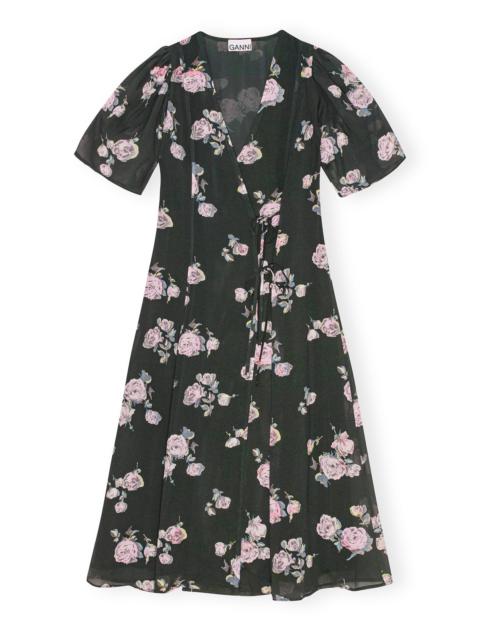 GANNI BLACK FLORAL CREPE WRAP MIDI DRESS