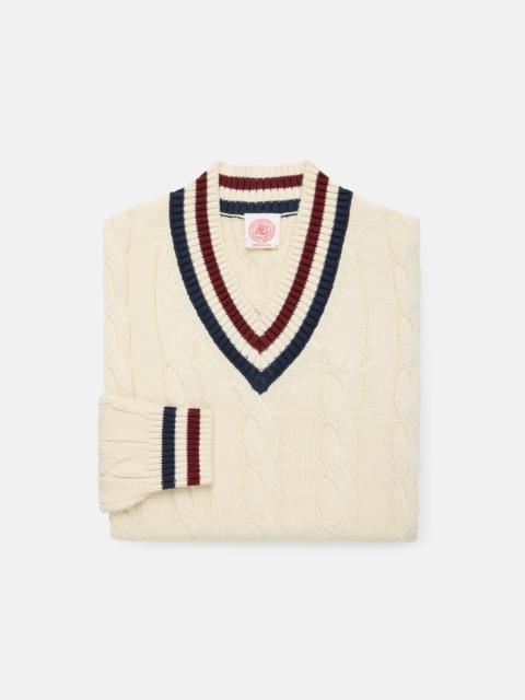 J. PRESS ECRU, NAVY & BURGUNDY COTTON CRICKET SWEATER