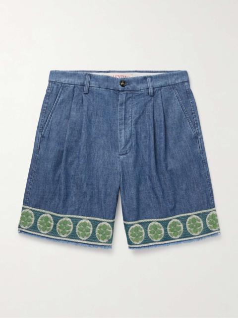 Valentino Wide-Leg Pleated Embroidered Denim Shorts