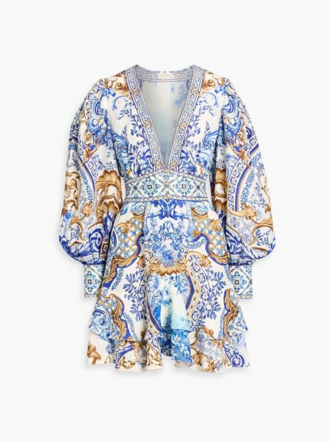 CAMILLA Crystal-embellished printed linen and silk-blend mini dress