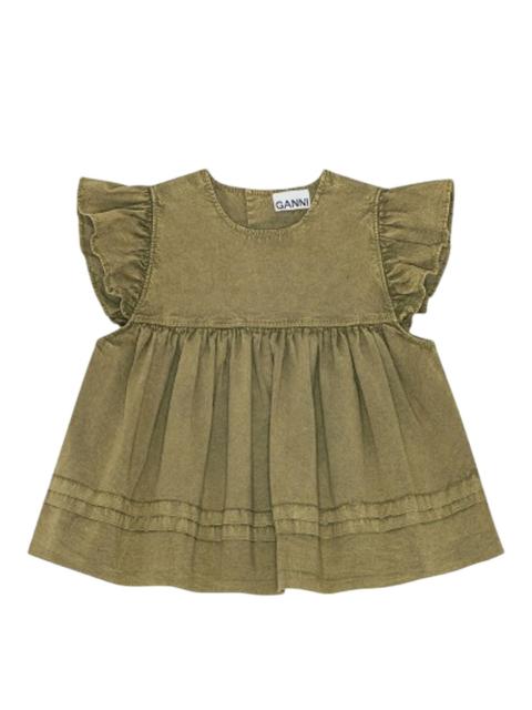 GANNI Washed Stretch Cotton Frill Sleeve Top