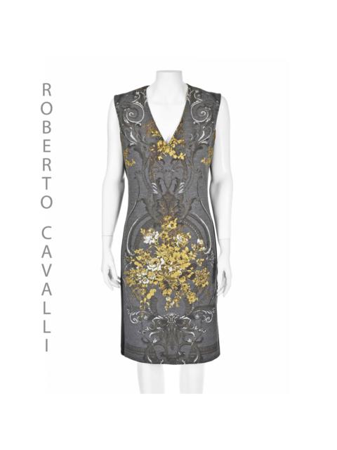 Roberto Cavalli Gray Wool Sleeveless Sheath Dress with Gold Floral Print 