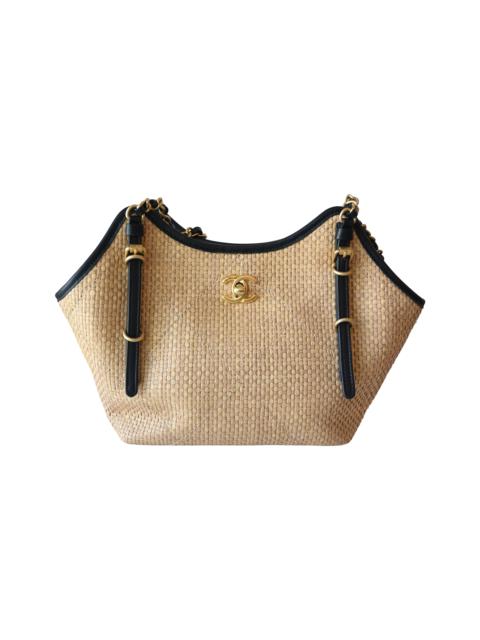 CHANEL Chanel Braided Raffia Quilted Small Shopping Bag Beige