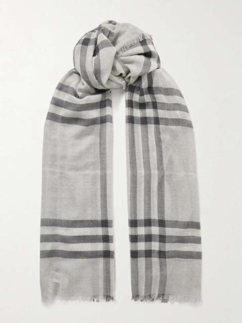 Fringed checked wool scarf Gray