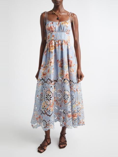 Zimmermann Zimmermann Awaken Picnic Eyelet Embroidered Linen Sundress in Chambray Floral at Nordstrom