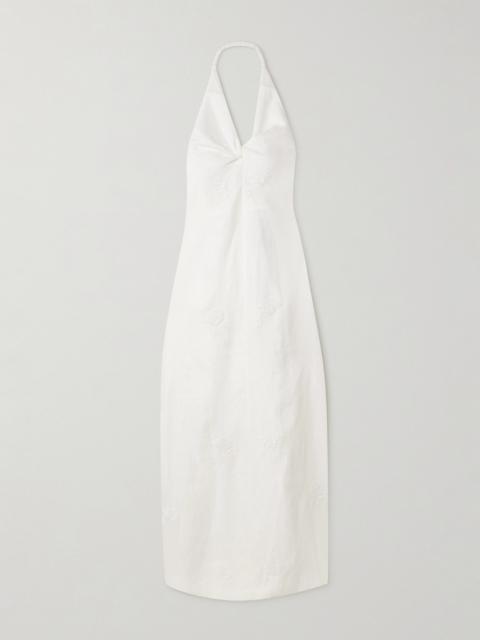 SIR. Alessandra Twist-front Embroidered Linen Halterneck Midi Dress