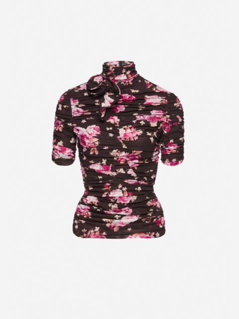 MAGDA BUTRYM Ruched floral silk-blend top in brown print