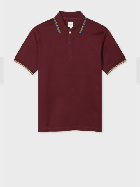 Paul Smith Burgundy Cotton 'Signature Stripe' Trim Zip Polo Shirt