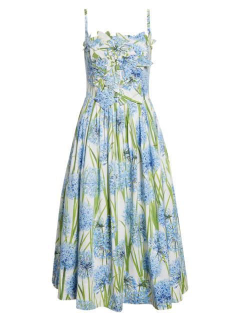 Oscar de la Renta Oscar de la Renta Alliums Appliqué Pleated Stretch Cotton Poplin Fit & Flare Dress in Blue/White at 