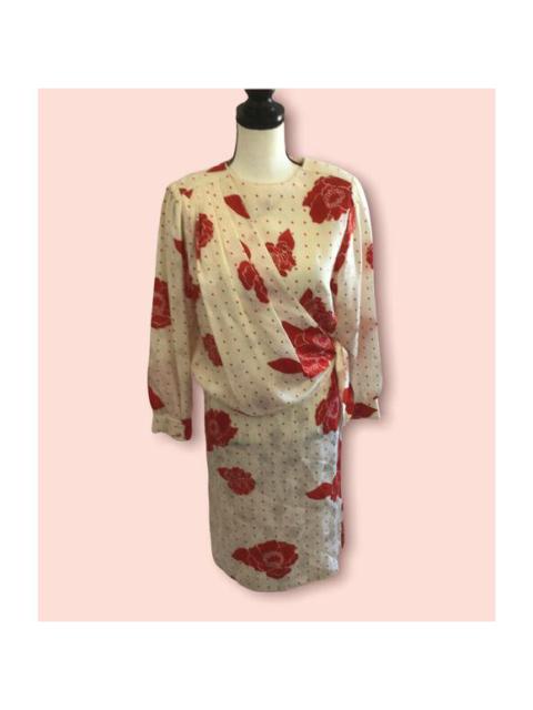 Other Designers Lady Kang Vintage 80s Silk Jacquard Red Poppy Cream Floral Drape Dress M 6