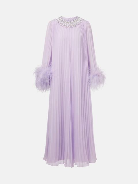 self-portrait Feather-trimmed plissé chiffon midi dress