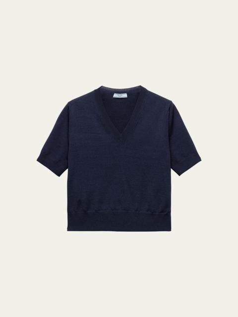 Prada V-Neck Short Sleeve Boxy Wool Sweater