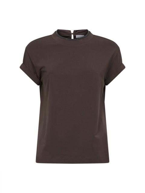 Brunello Cucinelli Brunello Cucinelli Women Dark Brown Stretch Jersey T-Shirt With Monili