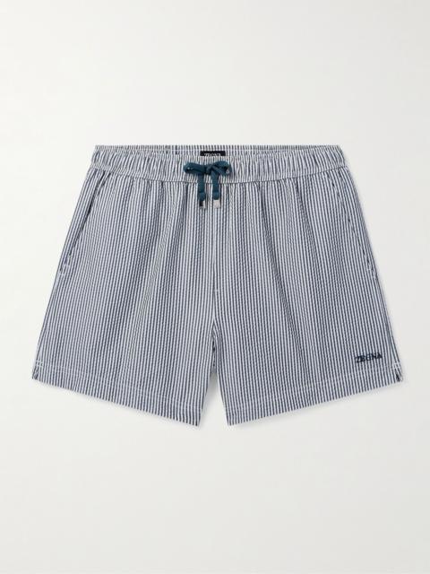 ZEGNA Straight-Leg Mid-Length Striped Seersucker Shorts Navy