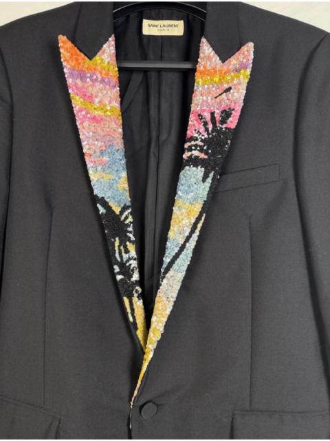 SAINT LAURENT Saint Laurent Black Palm Tree Sequin Peak Lapel Slim Tuxedo Jacket IT40