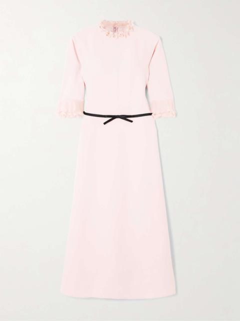 Belted plissé chiffon-trimmed crepe midi dress Pink