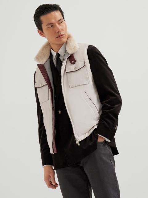 Brunello Cucinelli Techno satin down vest with leather details and detachable shearling collar