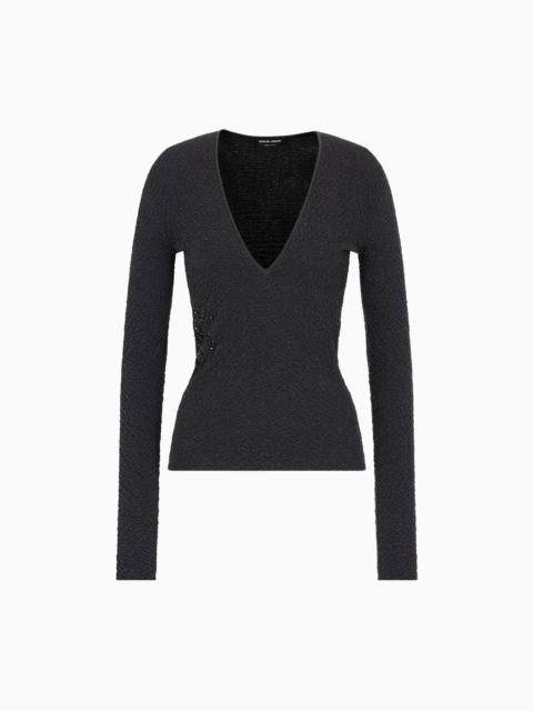 GIORGIO ARMANI V-NECK JUMPER IN EMBOSSED METALLIC VISCOSE WITH EMBROIDERY