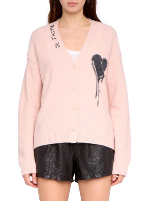 Zadig & Voltaire Zadig & Voltaire Mikyz Heart Appliqué Cashmere V-Neck Cardigan in Pearly at Nordstrom
