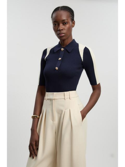 KAREN MILLEN Rib Knit Military Colour Block Short Sleeve Top