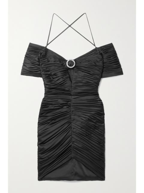 RASARIO Embellished Ruched Satin Mini Dress