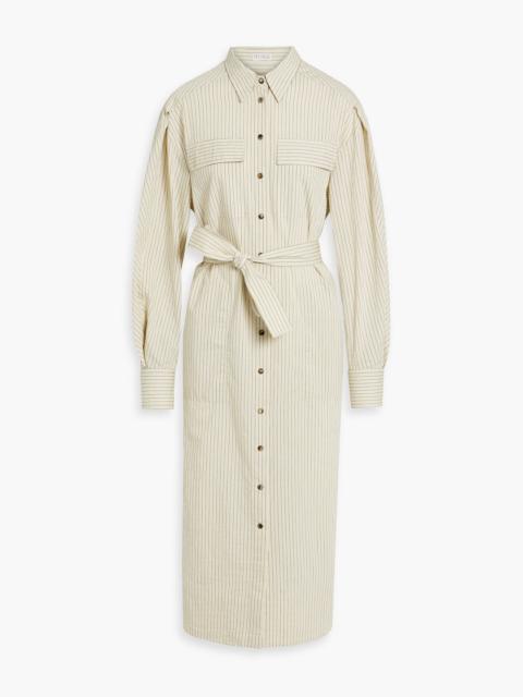 Brunello Cucinelli Bead-embellished striped cotton-blend seersucker midi shirt dress