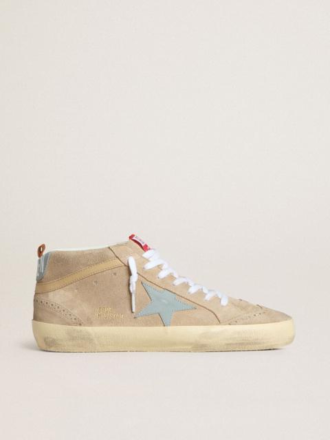 Golden Goose Mid Star in beige suede with powder-blue leather star and heel tab