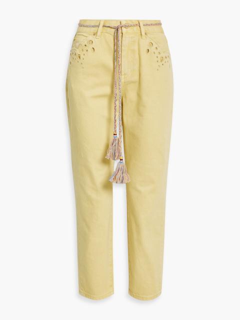Zimmermann Cropped broderie anglaise-trimmed mid-rise tapered jeans