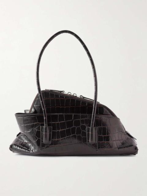La Passeggiata small asymmetric croc-effect leather tote Dark brown