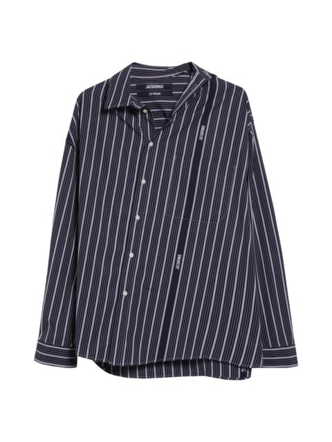 JACQUEMUS Jacquemus La Chemise Cuadro Asymmetric Button-Up Shirt in Business Logo Stripes Navy at Nordstrom