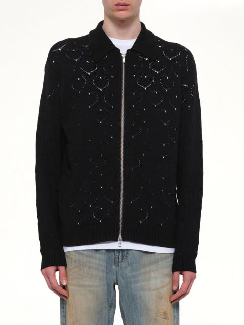 vowels Eyelet Knitted Zip Up in Black
