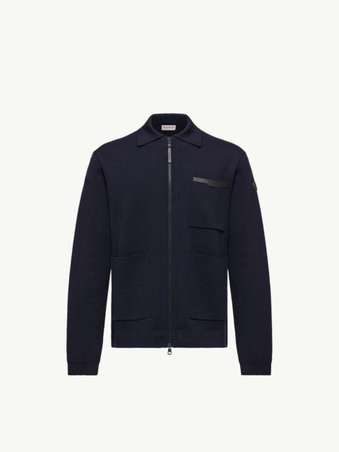 Moncler Leather Logo Wool Zip-Up Cardigan