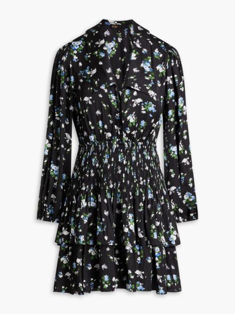 maje Cutout floral-print satin mini shirt dress