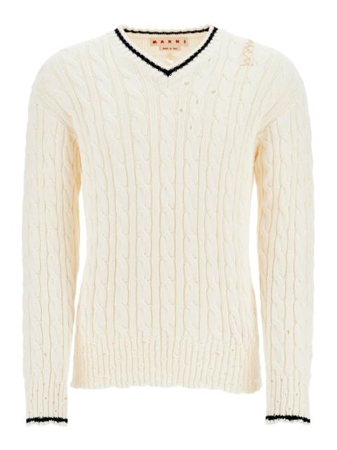 Marni white cotton sweater with cable knit v-neck